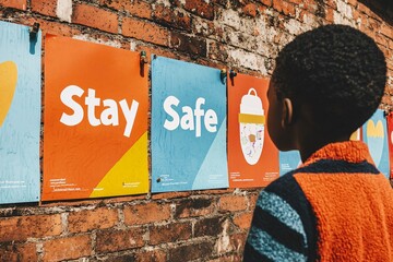 A young child gazes thoughtfully at colorful school signs emphasizing the importance of staying safe in the community.