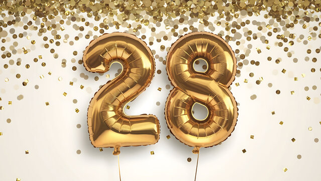 Golden 28th Birthday Celebration with Sparkling Confetti and Metallic Balloon Numbers on White Background