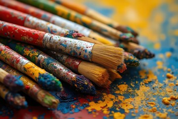 Obraz premium many paint brushes are sitting on a colorful surface