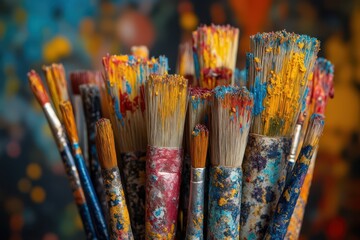 many paint brushes are sitting on top of a table