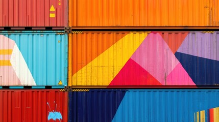 Abstract composition of shipping containers with vibrant graffiti, urban art elements blending with industrial setting