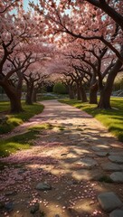 A serene landscape cherry blossom trees.