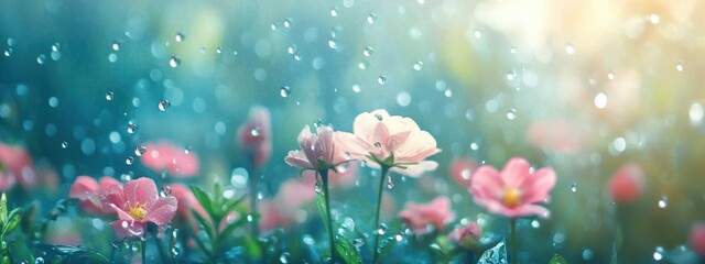 A serene scene of pink flowers glistening with raindrops in a soft, dreamy atmosphere.
