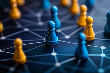 Blue and yellow game pieces networked together.