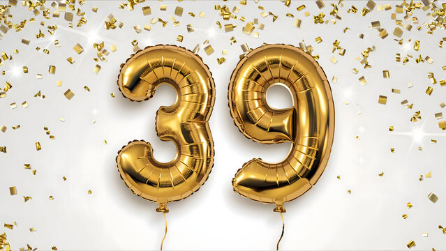 Golden 39th Birthday Celebration with Sparkling Confetti and Metallic Balloon Numbers on White Background