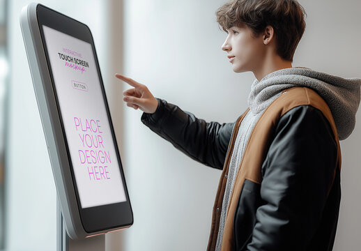 Interactive Kiosk Mockup with Touchscreen &ndash; Realistic Digital Display for Wayfinding, Retail Check-in, Information Terminal, or Indoor Navigation UI Design
