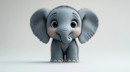 Adorable baby elephant with big eyes and ears standing on a seamless white background, perfect for children's books or any project needing a touch of sweetness