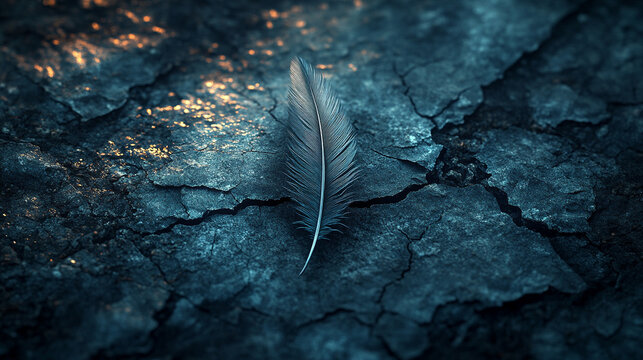 A single bird feather rests delicately on cracked stone, representing fragility amidst strength with blurred empty space on the side evoking a sense of chaos and contrast

