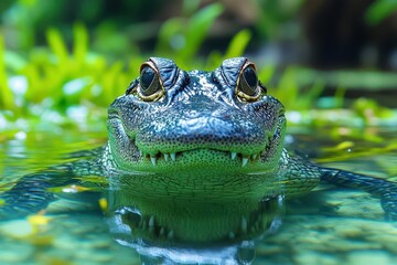 Fototapeta premium majestic american alligator gliding through crystal clear waters surrounded by lush aquatic vegetation in natural florida wetland habitat