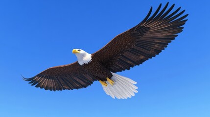 Naklejka premium Bald eagle soaring, wings outstretched, embodying majestic freedom against azure horizon