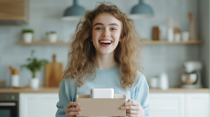 A delighted young woman holds up a new gadget from an open delivery box on her kitchen counter, her expression full of excitement and satisfaction.