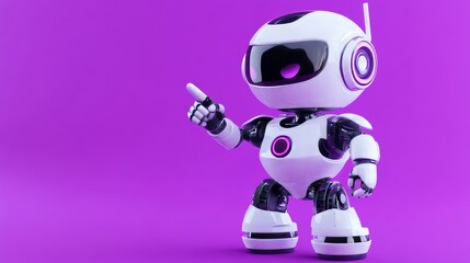 White and purple robot pointing with finger on purple background