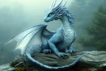 Obraz premium majestic fantasy dragon perched on weathered driftwood against mystical natural landscape with ethereal lighting and atmospheric fog effects