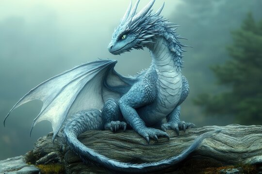 majestic fantasy dragon perched on weathered driftwood against mystical natural landscape with ethereal lighting and atmospheric fog effects