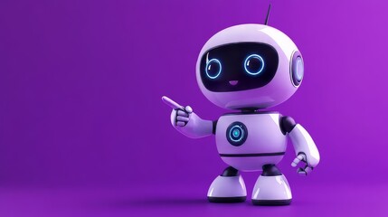 White friendly robot pointing with finger on purple background