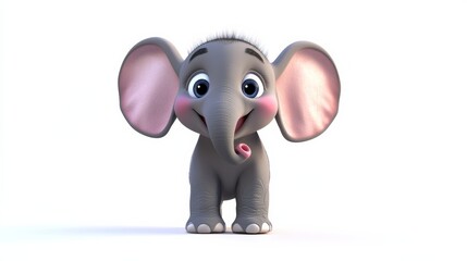 Fototapeta premium 3D baby elephant character smiling, playfully sticking tongue out, cute cartoon style render on white background, whimsical design