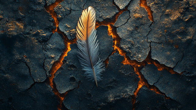 A single bird feather rests delicately on cracked stone, representing fragility amidst strength with blurred empty space on the side evoking a sense of chaos and contrast

