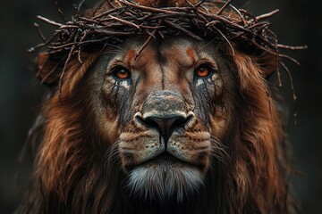 Fototapeta premium majestic lion portrait with crown of thorns symbolizing divine kingship in dramatic religious christian art style