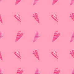 Pink hearts background. Seamless watercolor pink pattern with hand drawn illustration of cute pink hearts with stripes for valentines day wrapping, wallpaperі, holidays decorations texture