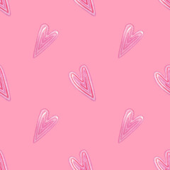 Pink hearts watercolor background. Seamless hand drawn pattern, digital paper for wrapping, holidays textile, wallpapers, valentines day fabric