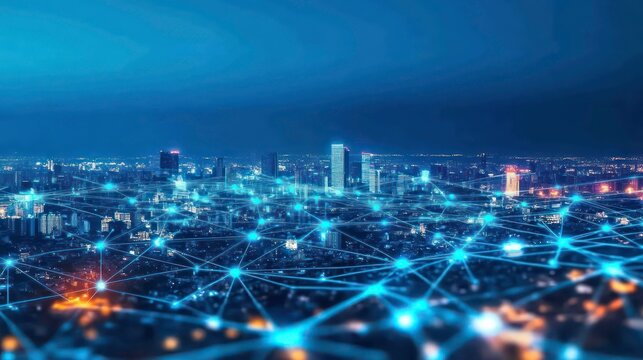 Night cityscape with glowing network connections.