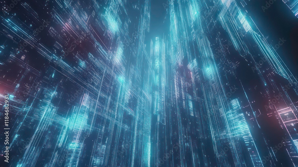 Aufkleber Abstract digital city with glowing lines and futuristic architecture.