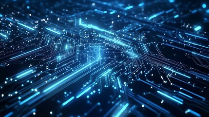 A sleek futuristic AI network visually blending into a glowing matrix with a fusion of neon blue and silver tones.
