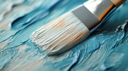 Fototapeta premium A single brushstroke across a blank canvas symbolizing creativity and expression with blurred paintbrush strokes and empty space for captions, set in a bright light tone, capturing chaotic inspiration