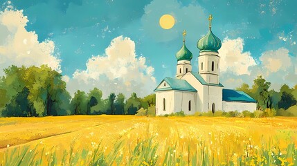 Orthodox church with majestic domes under a serene sky, evoking spiritual tranquility and timeless beauty, artistic book illustration style