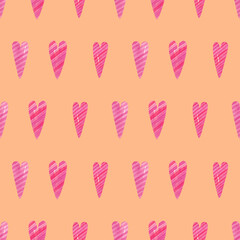 Pink hearts background. Seamless watercolor orange pattern with hand drawn illustration of cute pink hearts with stripes for valentines day wrapping paper, wallpaper, holidays fabric texture