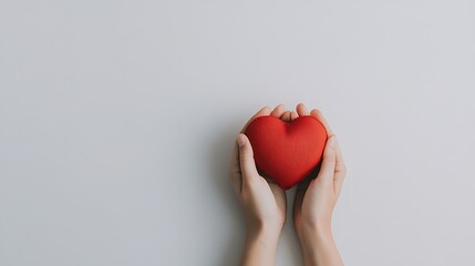 Hands holding red heart, white background, love, care. Use Valentine's Day card.