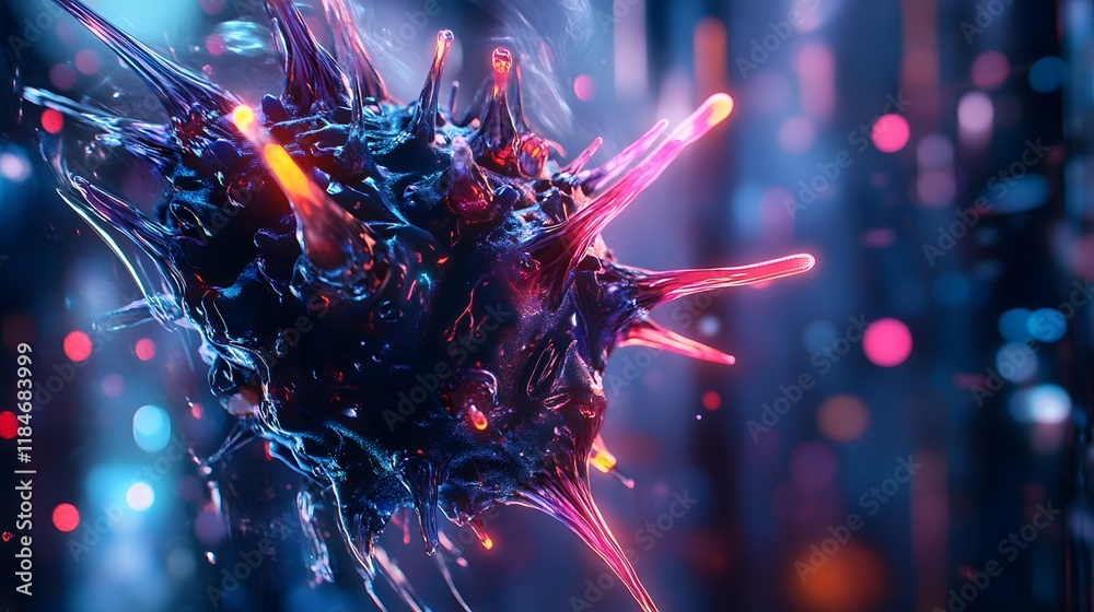 Poster Abstract representation of a viral structure featuring bright colors and dynamic light effects, highlighting complexity and intrigue of microscopic organisms in a digital art style