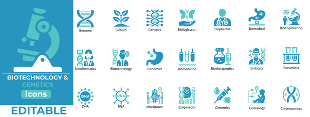 Explore professional Biotechnology and Genetics icon vectors Editable designs for biotech, DNA, genomes and more