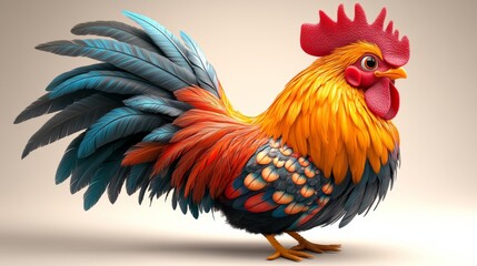 Fototapeta premium Proud rooster rendering with vibrant orange, blue, red plumage standing sideways against pale neutral backdrop