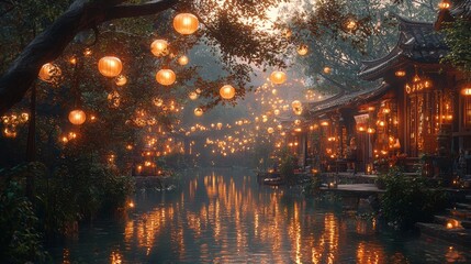 Obraz premium Serene Tranquility of Lantern-Illuminated Riverside Village at Dusk