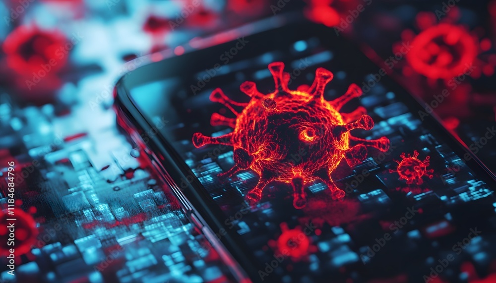 Aufkleber Close-up of smartphone displaying digital representation of virus particles with glowing red details, symbolizing modern technology interaction with health crisis concepts