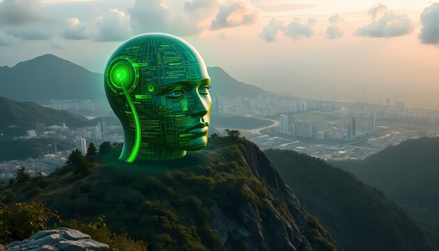 AI head overlooking cityscape at sunset.