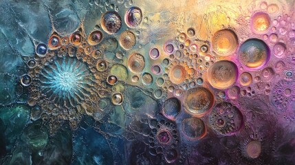 Artistic depiction of bubbles merging into fractals on a metallic surface, geometric and modern, colorful bubbles, tech-inspired art