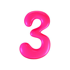 3d pink plastic bubble number 3 in y2k style isolated on a white background. Render of 3d cartoon balloon liquid figure with neon plastic effect, trendy 90s style. 3d vector modern typography numeral