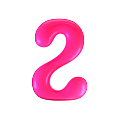 3d pink plastic bubble number 2 in y2k style isolated on a white background. Render of 3d cartoon balloon liquid figure with neon plastic effect, trendy 90s style. 3d vector modern typography numeral