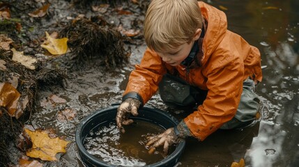 Obraz premium Young Boy Playing In Muddy Puddle With Bowl