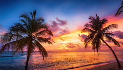 coconut palm trees on tropical ocean coast at sunset with vivid colorful sky