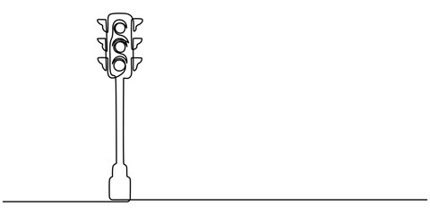 Light traffic one line continuous. Light traffic line art. Hand drawn vector art, Continuous one line drawing of traffic lights with poles to regulate vehicle travel at road intersections.