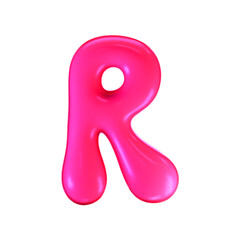 3d pink plastic bubble letter R in y2k style isolated on a white background. Render of 3d cartoon balloon liquid alphabet with neon plastic effect in 90s style. 3d vector modern typography font