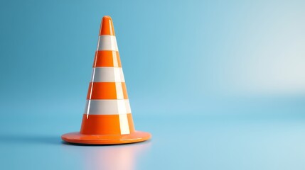 Orange and white traffic cone standing on a blue background, symbolizing caution, safety, and work in progress