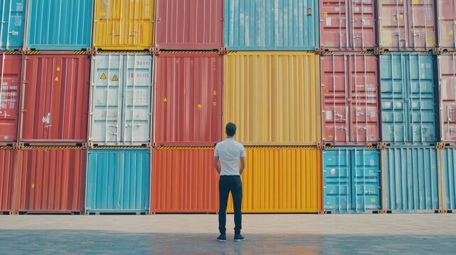 Back view of a logistics coordinator ensuring stock container in a brightly port