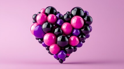 Fototapeta premium Shiny pink, purple, and black spheres forming a heart shape on a pink background, representing love, passion, and connection