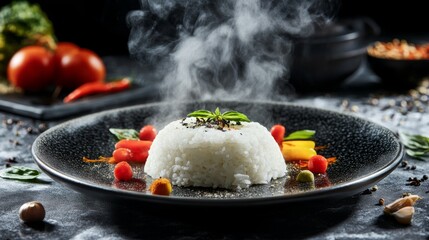 An artistic shot of white rice presented in a polished bowl, with steam gently rising and colorful ingredients surrounding it for a vibrant culinary scene.