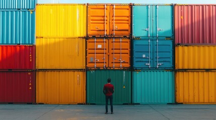 Back view of a logistics coordinator ensuring stock container in a brightly port
