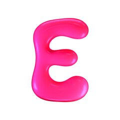 3d pink plastic bubble letter E in y2k style isolated on a white background. Render of 3d cartoon balloon liquid alphabet with neon plastic effect in 90s style. 3d vector modern typography font